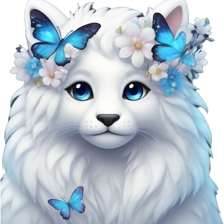 Anthro Edgy Cute Cool Kawaii gorgeous sparkly ethereal white fantasy animal creature with blue eyes furry sona with flowers and butterflies beautiful aesthetic emoji