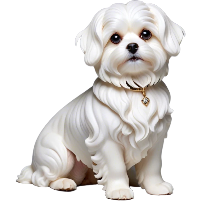 Cinematic Noble Wavy-Haired Maltese dog Portrait Emoji, Poised and regal, with a delicate, compact build and a pristine, wavy-haired white coat that cascades in gentle curls, deep-set soulful dark eyes, Simplified yet sharp and sophisticated features, highly detailed, glowing with a soft, dignified glow, high shine, intelligent and gentle, stylized with an air of refinement, focused and attentive, soft glowing outline, capturing the essence of a watchful and graceful companion, so majestic it feels as though it could prance out of the screen with effortless authority! emoji