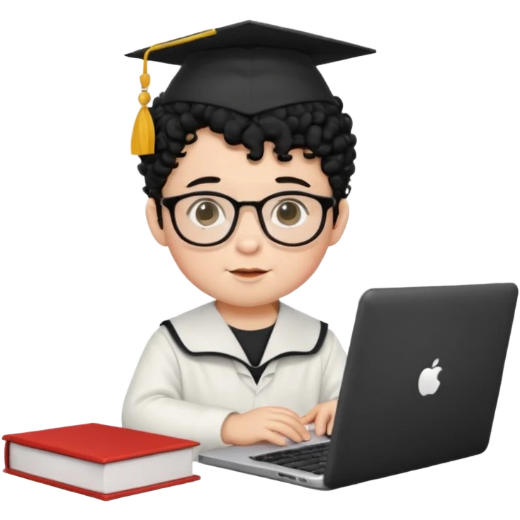 A baby boy DEVELOPER WITH A laptop, black curly hair and topknot, wearing glasses and a mortarboard emoji
