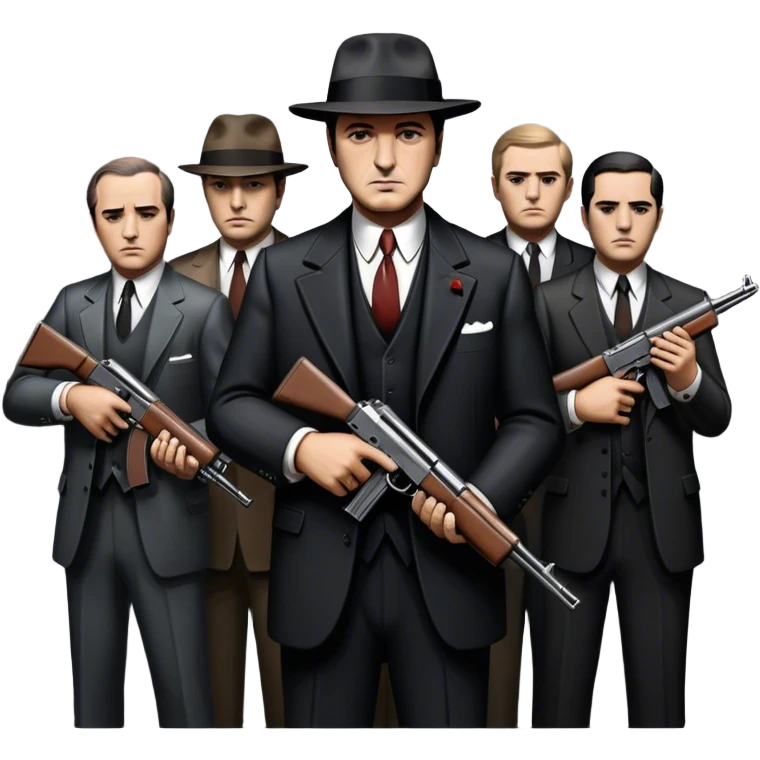 Vintage noir poster with Don Corleone surrounded by gangsters holding Thompson submachine guns. Dark and moody atmosphere with shadows, suits, and a mysterious vibe. Background features New York skyscrapers, adding to the gritty, classic gangster film feel. Transparent background. emoji