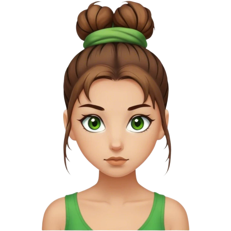 green eyed girl with brown messy top bun emoji