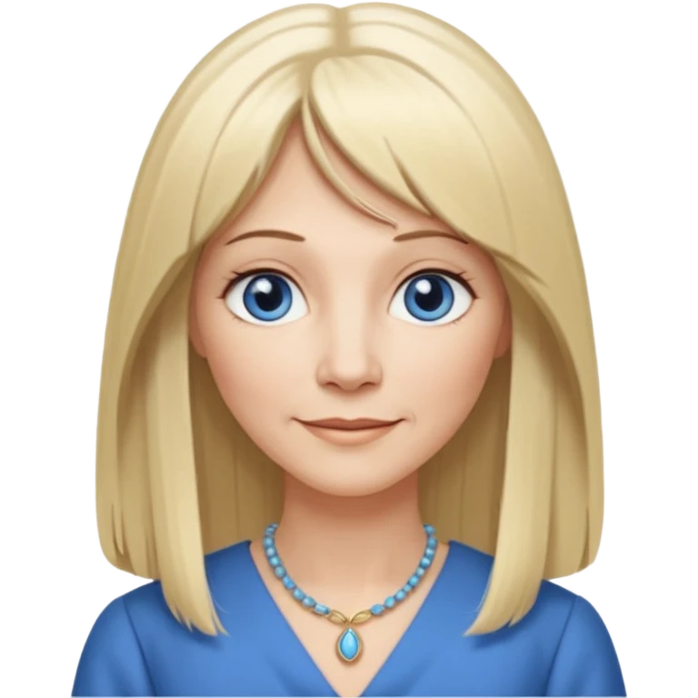50 yr old white woman, hippie parted very long hair, short bangs, very long straight blond hair, oval face, small smile, blue eyes, thin face, hair downback, hair parted at center of head, round cheeks, pale, longer hair, business dress emoji
