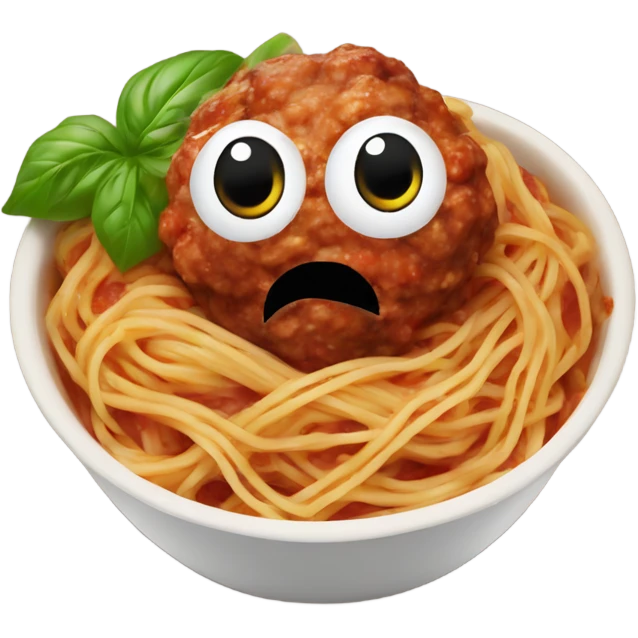 spaghetti with meatballs in a bowl with basil emoji