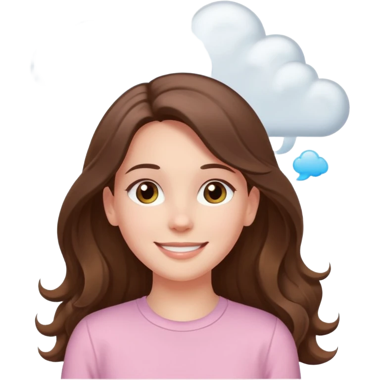 happy white long brunette hair girl with hazel eyes in light pink with white cloud thought bubble emoji