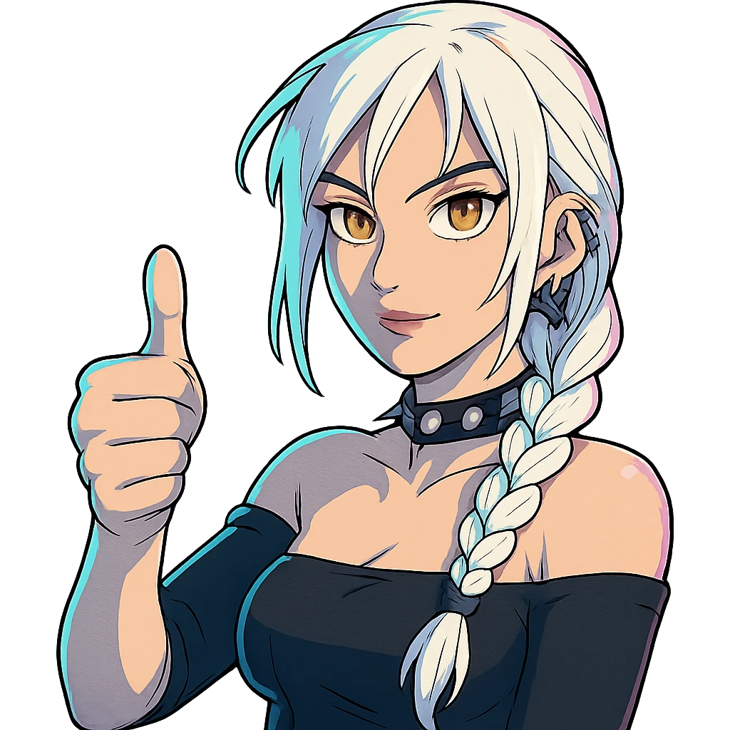  she is throwing a huge emphatic thumbs up, a closeup portrait of young woman with gold yellow eyes, white hair, long braid, black off-shoulder top d-cup, punk gothic style, futuristic cyberwave cyberpunk, sitting position
 emoji