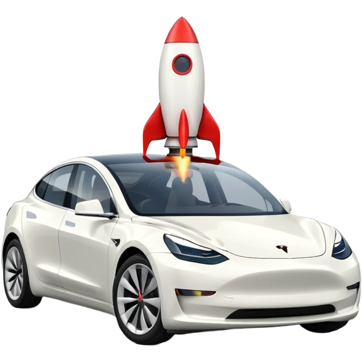 Tesla model 3 white.  Rocket boost on roof  emoji