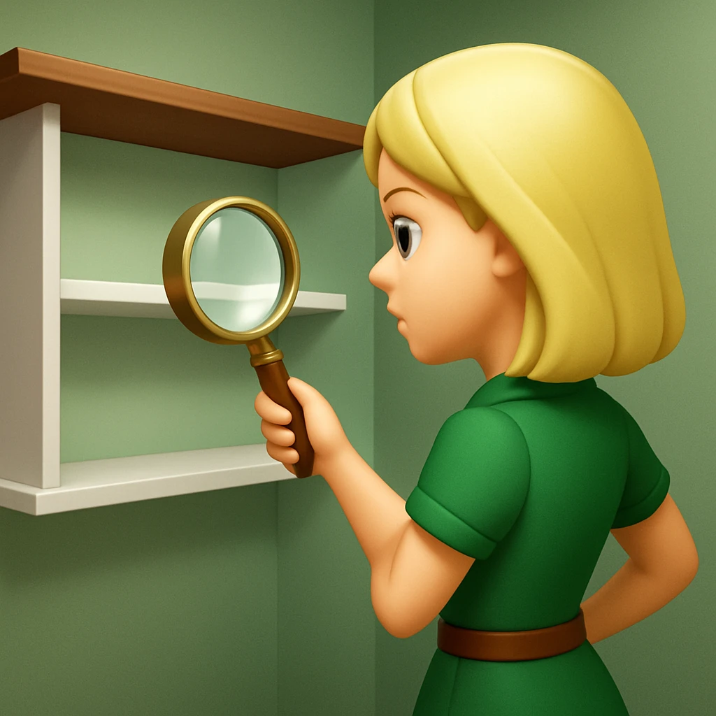 emoji of white empty shelf in perspective view with a standing woman nearby, she is looking at the shelfs with a magnifying glass, she is turned to the shelfs, emoji style, woman wearing a green dress, adjust the perspective to be more dramatic emoji