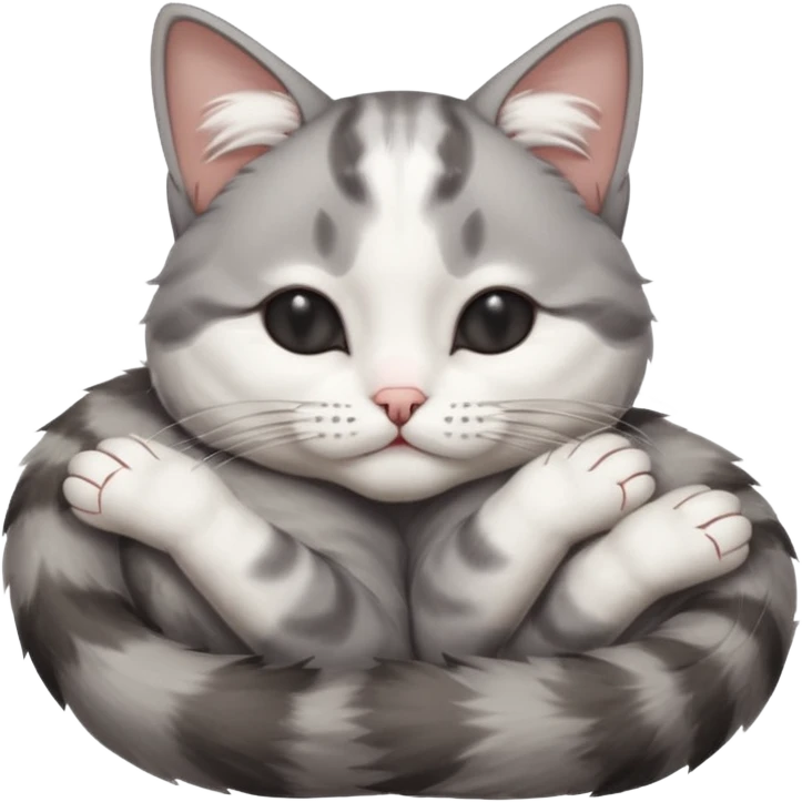 grey and white small cat with eyes closed lying down upside down with its paws/arms tightly covering its own face emoji