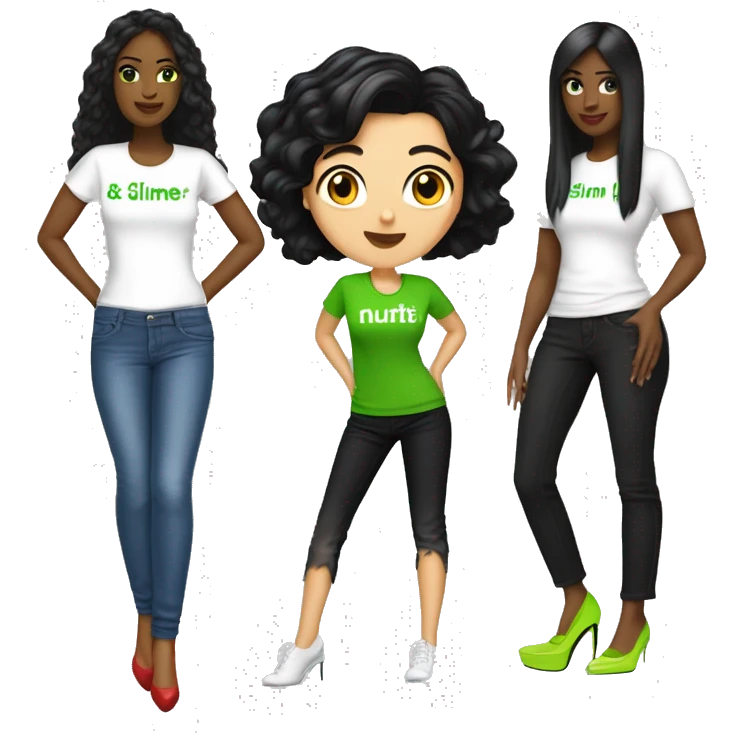 white woman with black hair wearing a t-shirt with the name.D'NUTRI wearing slime green jeans wearing high heels emoji