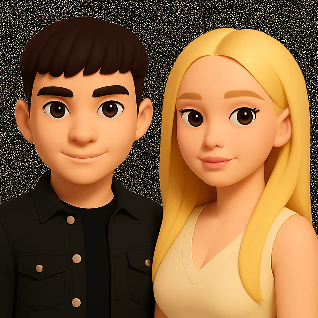 Slightly increase the volume of the upper body of the girl, separate the girl and the boy from each other, and make the skin color the same for both. Maintain the cartoonish 3D style in the editing. emoji