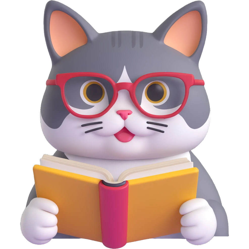 A cat with glasses reading a book, monochromatic colors, sleek design, modern look emoji
