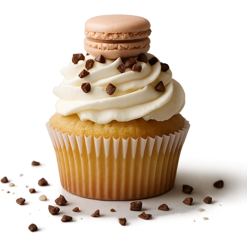 Change the icing to vanilla while keeping the realistic cupcake and accessories in a photorealistic style. Maintain transparent background. The style is photorealistic and realistic cupcake appearance. emoji