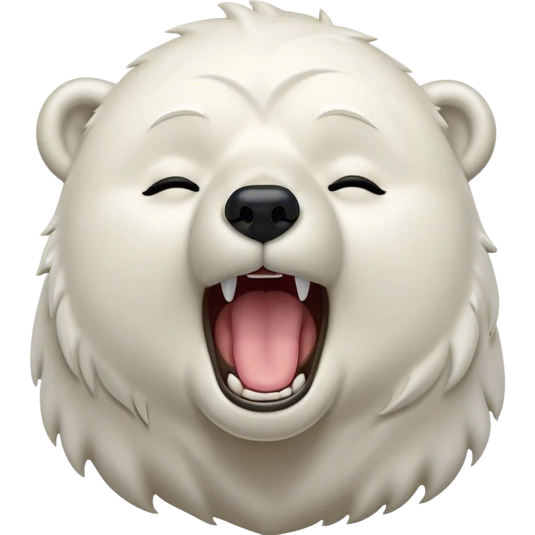 Cinematic Cute Yawning Polar Bear Portrait Emoji, Head tilted slightly with a dramatic, wide-open yawn, showcasing luxuriously thick fur and sleepy, half-closed eyes radiating drowsy contentment, Simplified yet irresistibly adorable features, highly detailed, glowing with a soft, cozy polar light, high shine, relaxed yet expressive, stylized with a dash of whimsical arctic charm, soft glowing outline, capturing the essence of a drowsy yet affectionate guardian that seems ready to stretch out for a nap! emoji