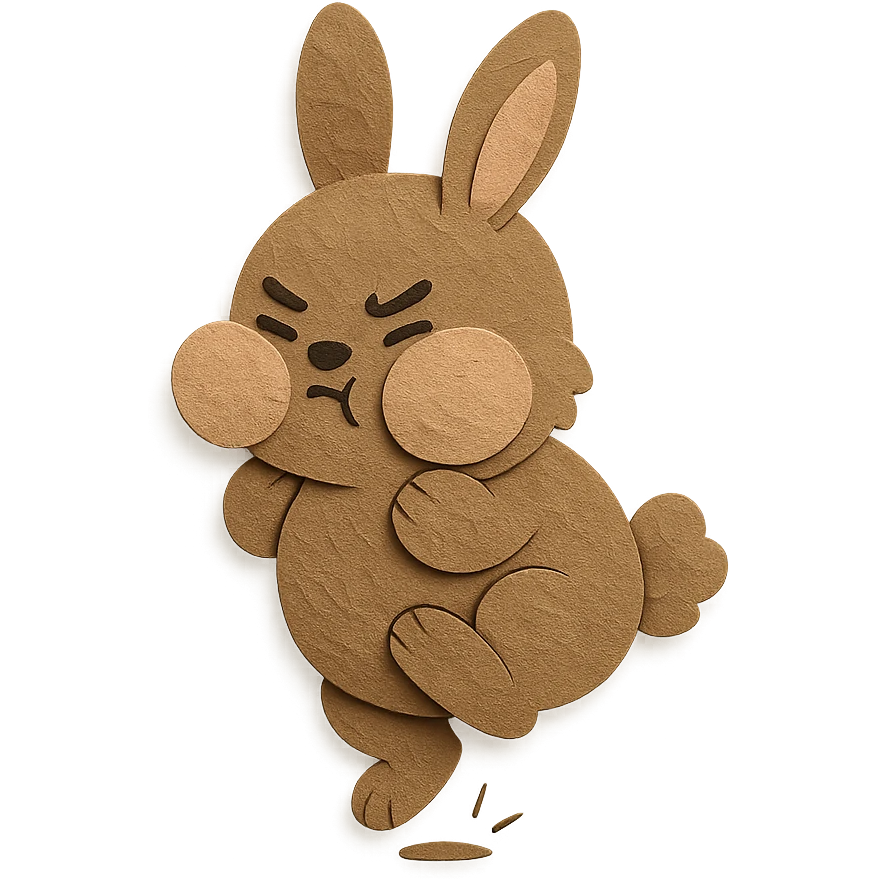 highly detailed, high quality paper craft style illustration of a mocha-colored bunny puffing its cheeks and stamping its foot, intricate textures, soft lighting, delicate cut-paper details emoji