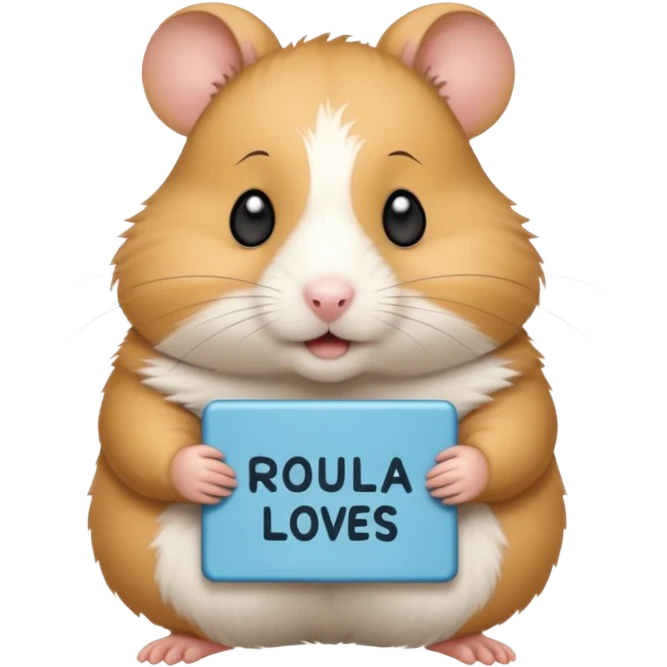 Hamster with a sign that says “ROULA LOVES IBRAHIM MORE” emoji
