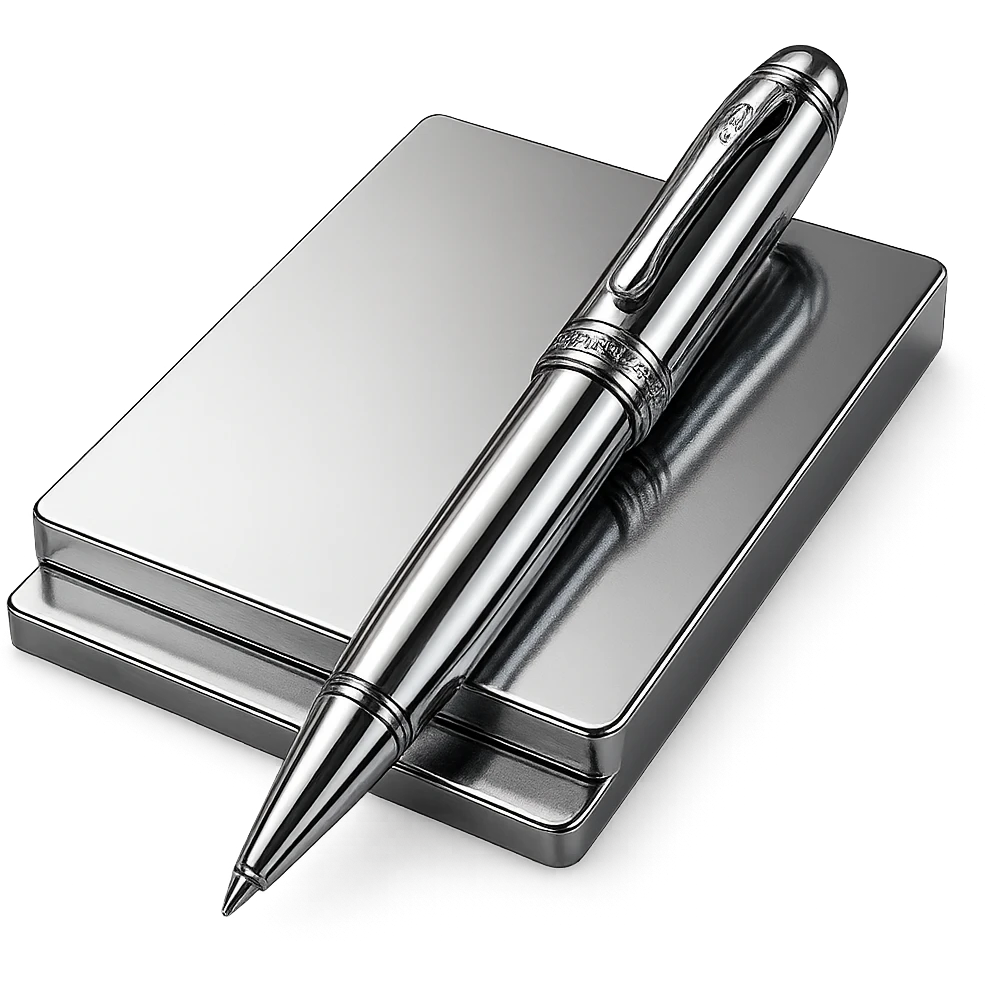 reflective chrome paper and pen set, both highly metallic and polished emoji