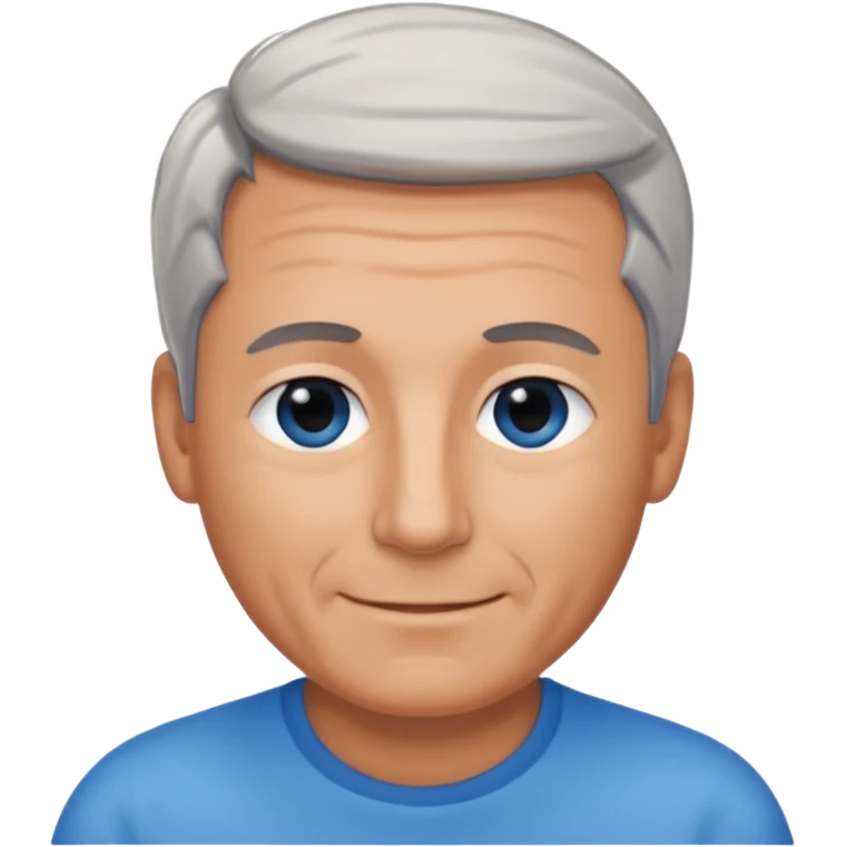 Middle aged man with tanned skin, receding black to grey hair and no beard, blue eyes, shy smile emoji