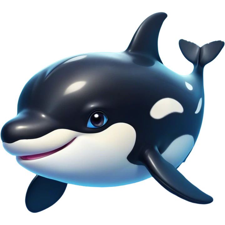 Cinematic Cute orca Portrait Emoji, Head tilted playfully and inquisitively, featuring a smoothly rounded body with bright, sparkling eyes and an adorable, friendly smile, Simplified yet irresistibly adorable features, highly detailed, glowing with a warm, ocean-blue glow, high shine, affectionate and lively, stylized with a touch of whimsical aquatic charm, soft glowing outline, capturing the essence of a mischievous yet endearing orca that seems as if it could leap right into your heart! emoji