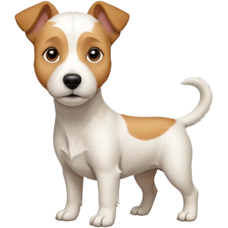 a full body facing front on of a buff white parson russell terrier looking dog the size of a kelpie with light brown long ears resting on its face and a light brown patch on one eye and a large snout. the rest of the dog is completely white.  emoji