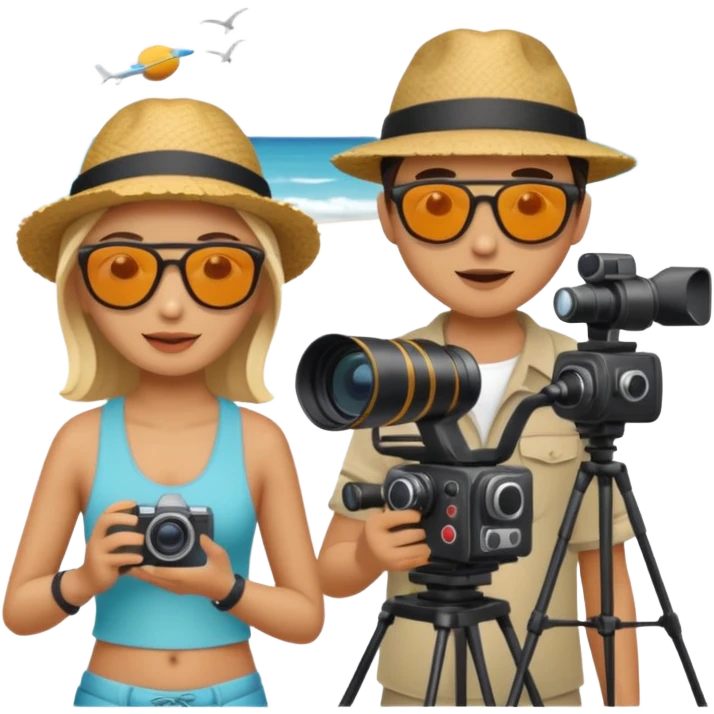 a film crew with camera equipment at a beach, overseas filming emoji