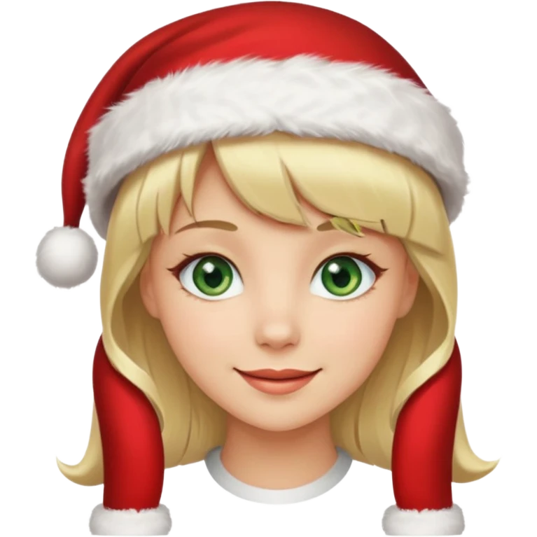 Beautiful smiling green eyed blonde with bangs wearing a Santa hat emoji