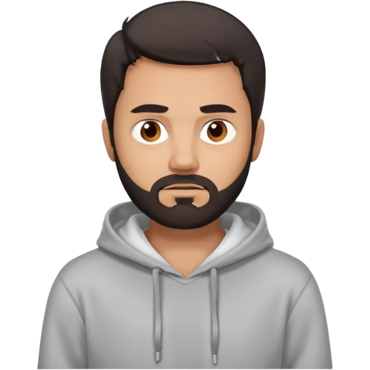 Uomo adulto con la barba capello moro occhi marroni metà busto e vestito con una felpa grigia e maglietta bianca espressione cattiva emoji