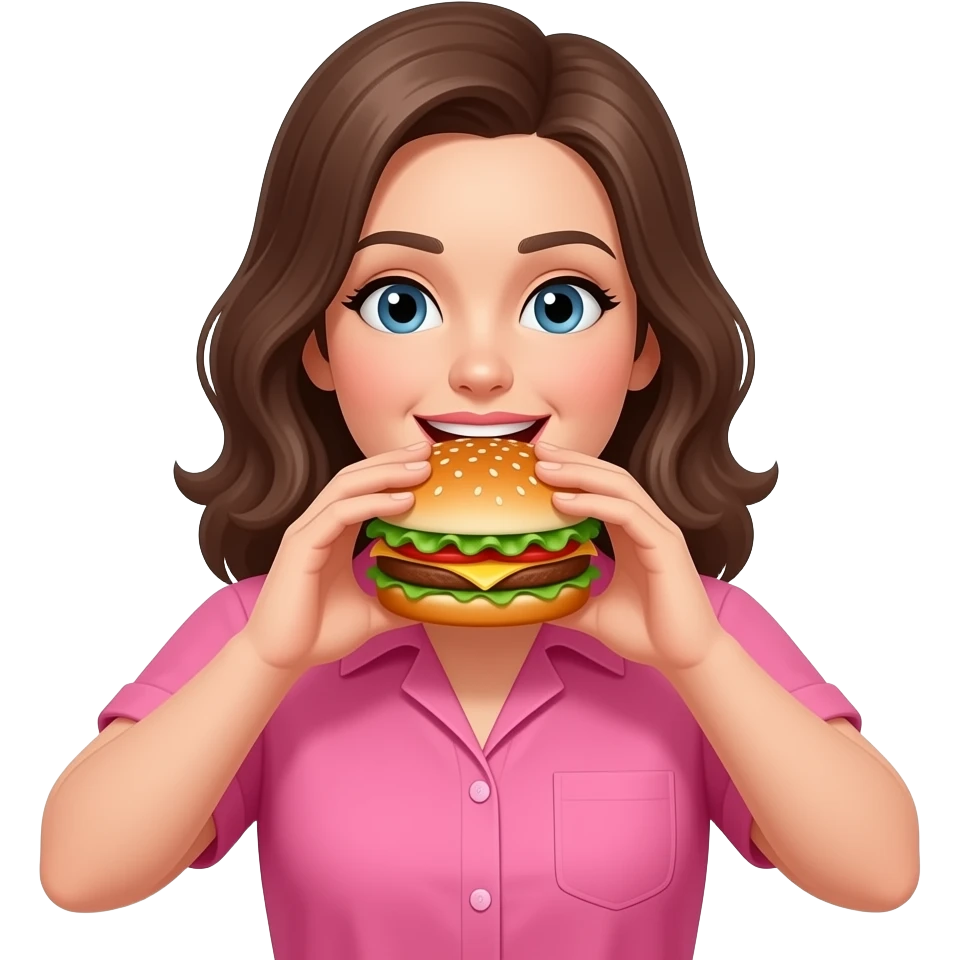 Mujer comiendo amburgueaa chatarra.  Con blusa rosada emoji