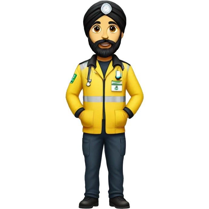 Skinny sikh man with beard wearing a black turban and a yellow paramedic jacket emoji
