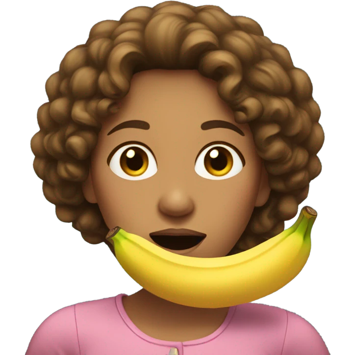 Curly brown hair woman with banana in mouth emoji