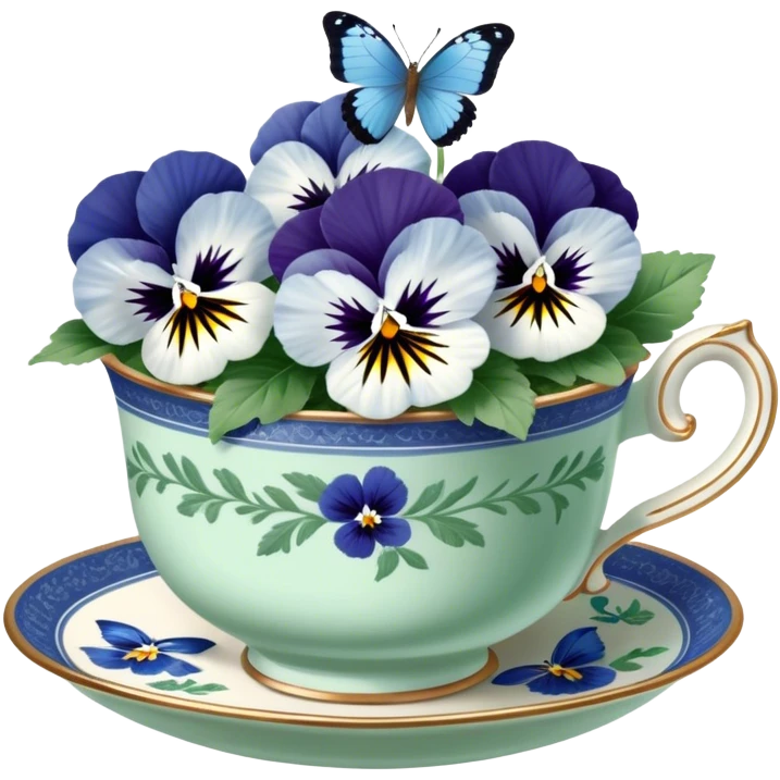 A cluster of blue and white pansies in an antique green porcelain cup, with a blue butterfly gently landing on a petal emoji