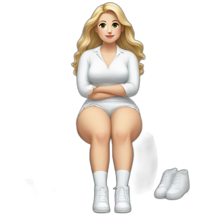 hyperrealistic-full-body-caucasian-curvy-beauty-sitting on the ground-small white-skirt-white knickers white socks emoji