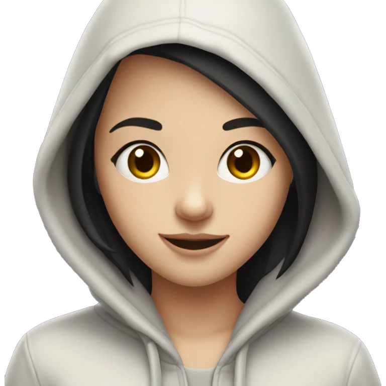 Pale skin black hair girl wearing a hoodie with a smile on face full lips emoji