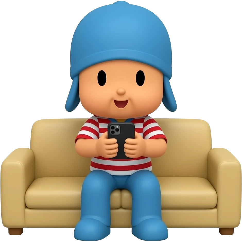 Genera un personaje de POCOYO con playera de rayas y jugando con su celular sentado en un sillon emoji