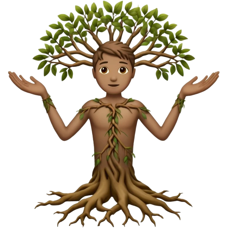 A human with three texture, branch arms, roots feet emoji