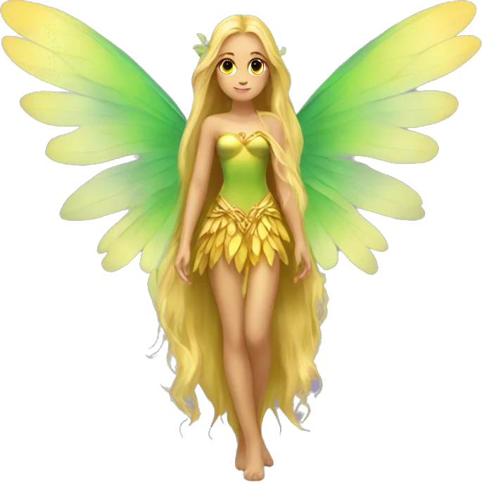 Beautiful, fairy, gold, yellow, green, long hair, big wings emoji
