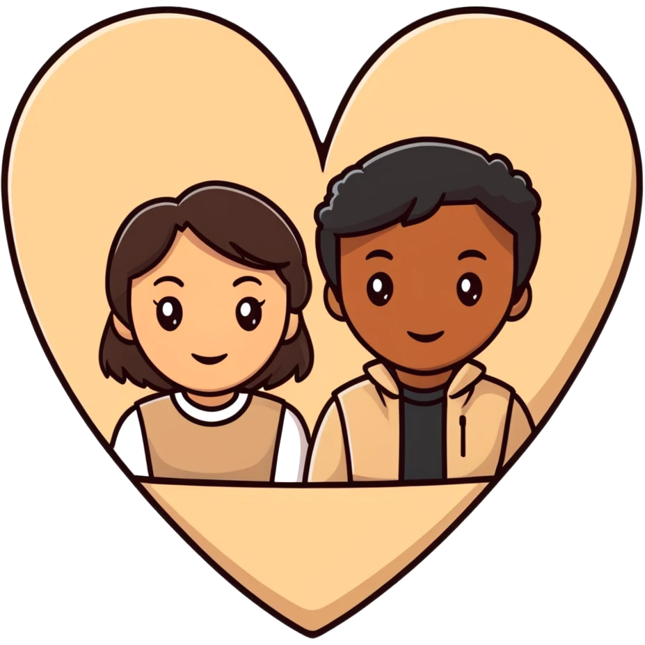 A couple with dark brown hair and mixed skin tone inside a white heart, both wearing beige clothes emoji