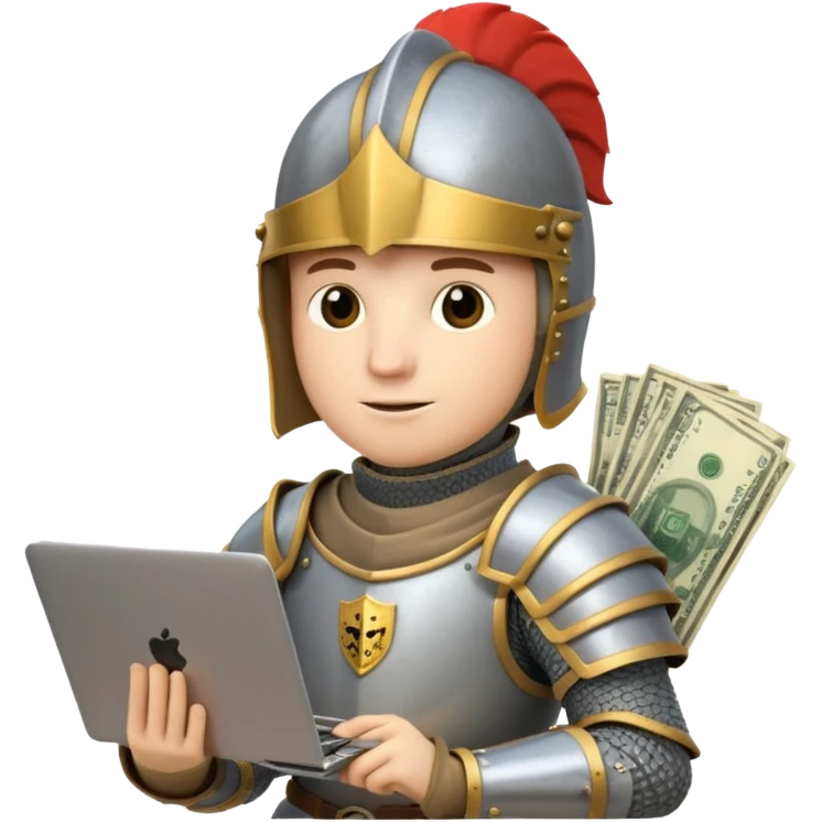 Knight with helmet holding laptop and money emoji