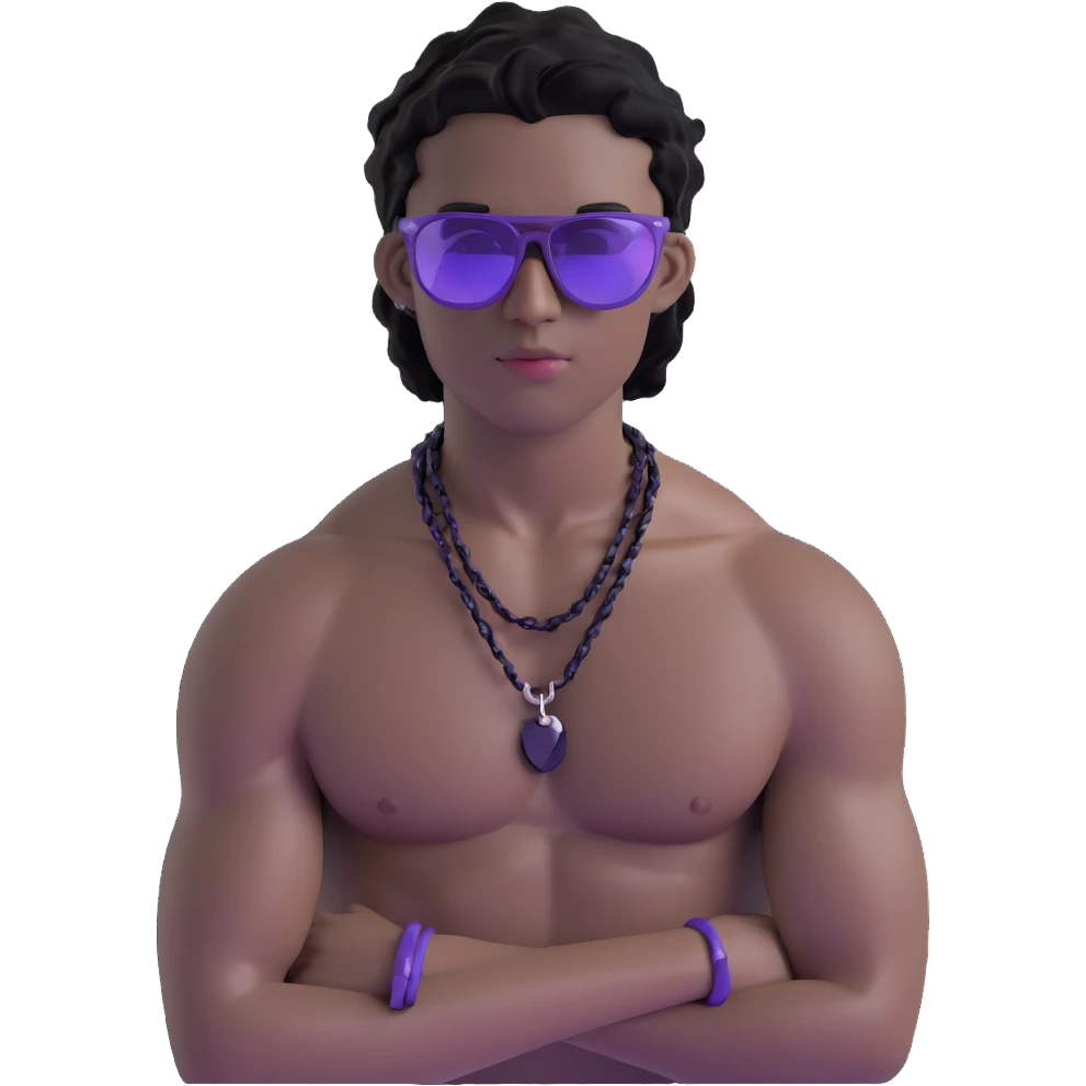 shirtless male athlete with white skin and moderately curly black hair on top with shaved sides, wearing purple sunglasses with black tinted lenses and a plain black chain necklace without pendant emoji