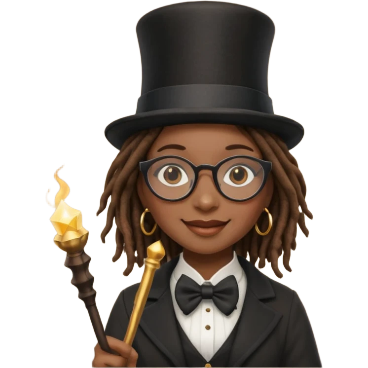 Black female with dread lock hair and large glasses in a top hat with a magic wand emoji