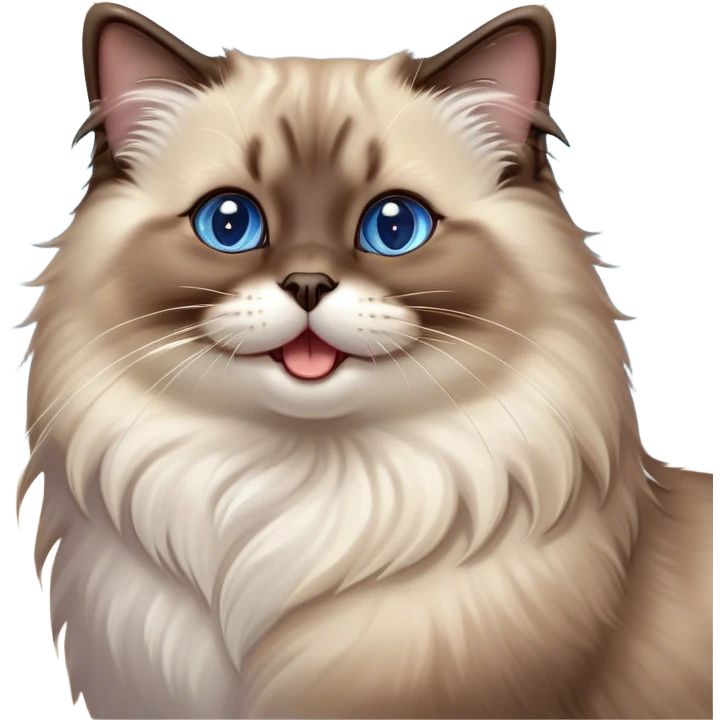 Cinematic Adorable Fluffy Brown Seal Ragdoll Cat Portrait Emoji, Head tilted cutely with big, sparkling blue eyes, soft brown seal-colored fur with darker points on the ears, face, and paws, Simplified yet irresistibly adorable features, highly detailed, glowing with a soft, warm glow, high shine, yawning in a peaceful and playful manner, stylized with a touch of whimsy, bright and endearing, soft glowing outline, capturing the essence of a relaxed and loving kitten, so cute it feels like it could leap out of the screen and stretch into a cozy nap! emoji