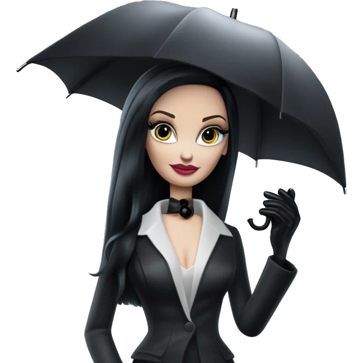 Parisienne Pretty Barbie Morticia Addams at a rainy funeral holding umbrella, accessories ,gloves, small purse  emoji