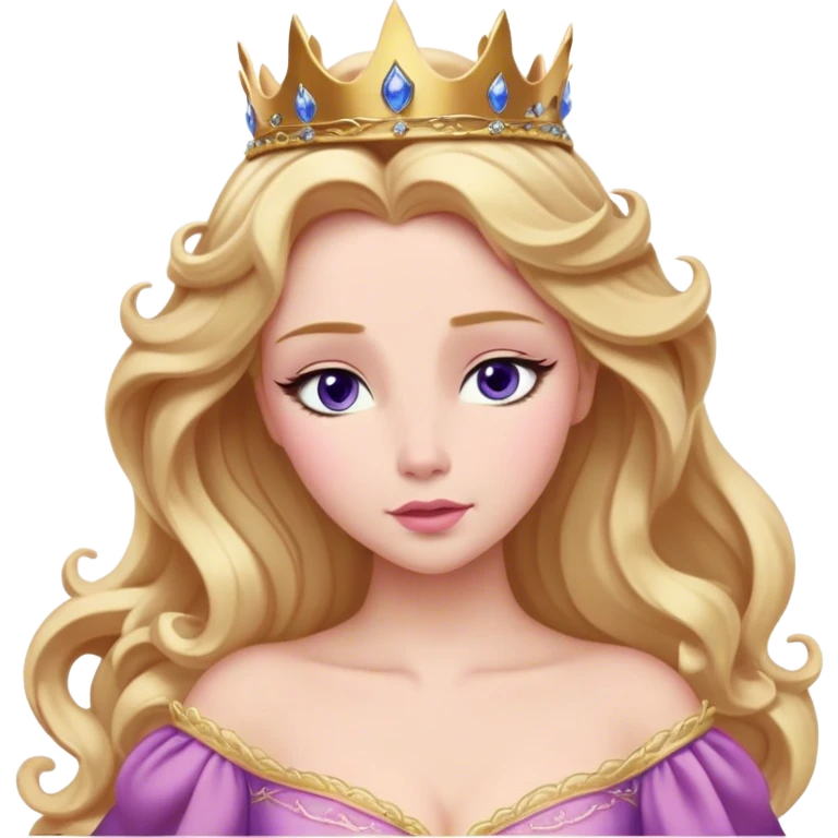 Cinematic Realistic Sleeping Beauty (Aurora) Portrait, with porcelain-like skin featuring a natural rosy flush, illuminated by soft lighting that highlights the gentle contours of her face. Her golden blonde hair flows in soft, detailed waves with subtle highlights that shimmer in the light. Her deep violet-blue eyes radiate warmth and innocence, framed by arched brows and long lashes. Her serene expression exudes quiet elegance. She is dressed in her classic pink gown, the fabric rich in texture with delicate folds that catch the light. A golden crown rests atop her head, gleaming with royal refinement. The portrait captures a soft, glowing aura, blending realism with an ethereal sense of beauty and timeless enchantment. emoji