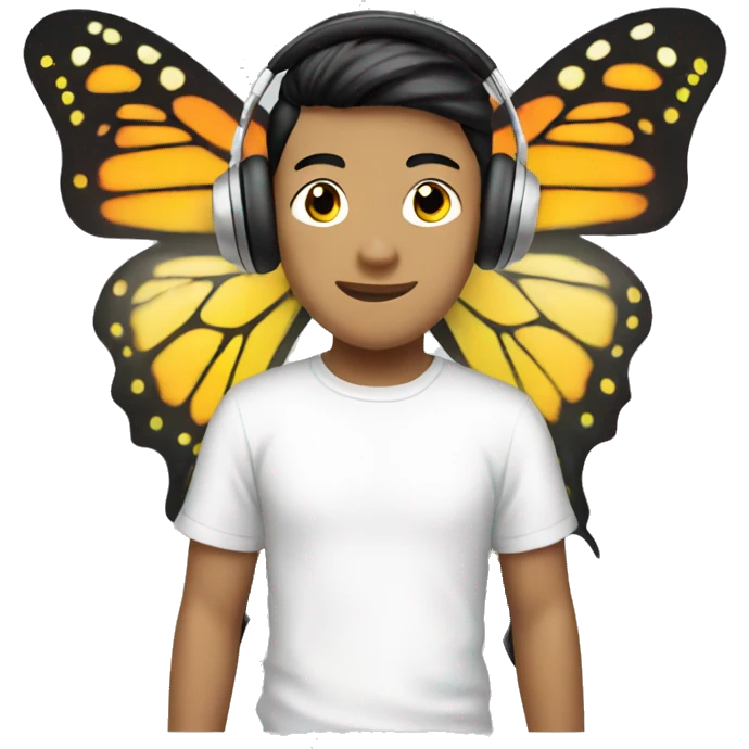 white tshirt asian boy with headphone and butterfly  emoji