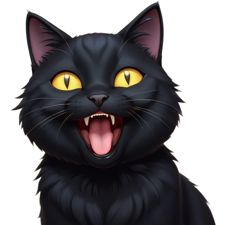 Cinematic Comical Black Cat Portrait Emoji, Head tilted dramatically while yawning exaggeratedly, sleek black fur with subtle hints of dark gray, Simplified yet hilariously adorable features, highly detailed, glowing with an almost sarcastic glow, high shine, a mix of lazy and curious, stylized with a touch of playful whimsy, bright and alert but with a comical expression, soft glowing outline, capturing the essence of a mischievous yet overly dramatic kitten, so funny it feels like it could leap off the screen and sassily demand attention! emoji
