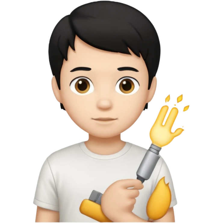 generate a pretty bratz emoji of a boy with black hair wearing a white tshirt and holding a cTCAT emoji