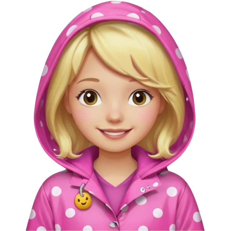Blonde girl in a pink polka dot raincoat with hoodie emoji