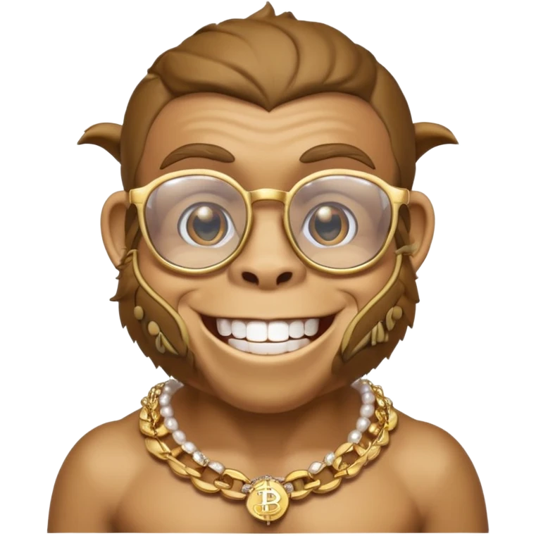 rich monkey with glasses smiling with diamond grillz and a bitcoin golden chain with diamond pearls emoji