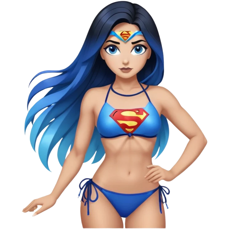 Sexy full body-very very very large upper body-sexy face-sexy pose-very long very straight dark blue to light blue hair ombre-and-blue eyes-black eyeliner-thick long eyelashes-iridescent string bikini with superman emoji