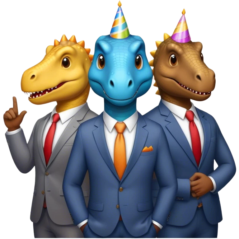 three office dinosaurs in office suits celebrating birthday emoji