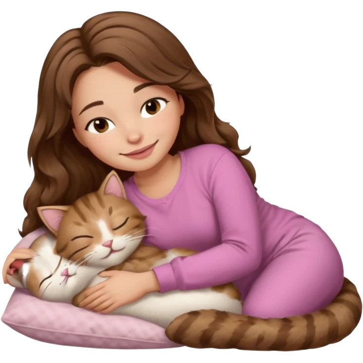 girl with wavy long brown hair, brown eyes, light to medium complexion, long lashes, light pink lipstick, smiling, wearing light pink shirt, sleeping on a cozy pillow, with brown tabby cat  emoji